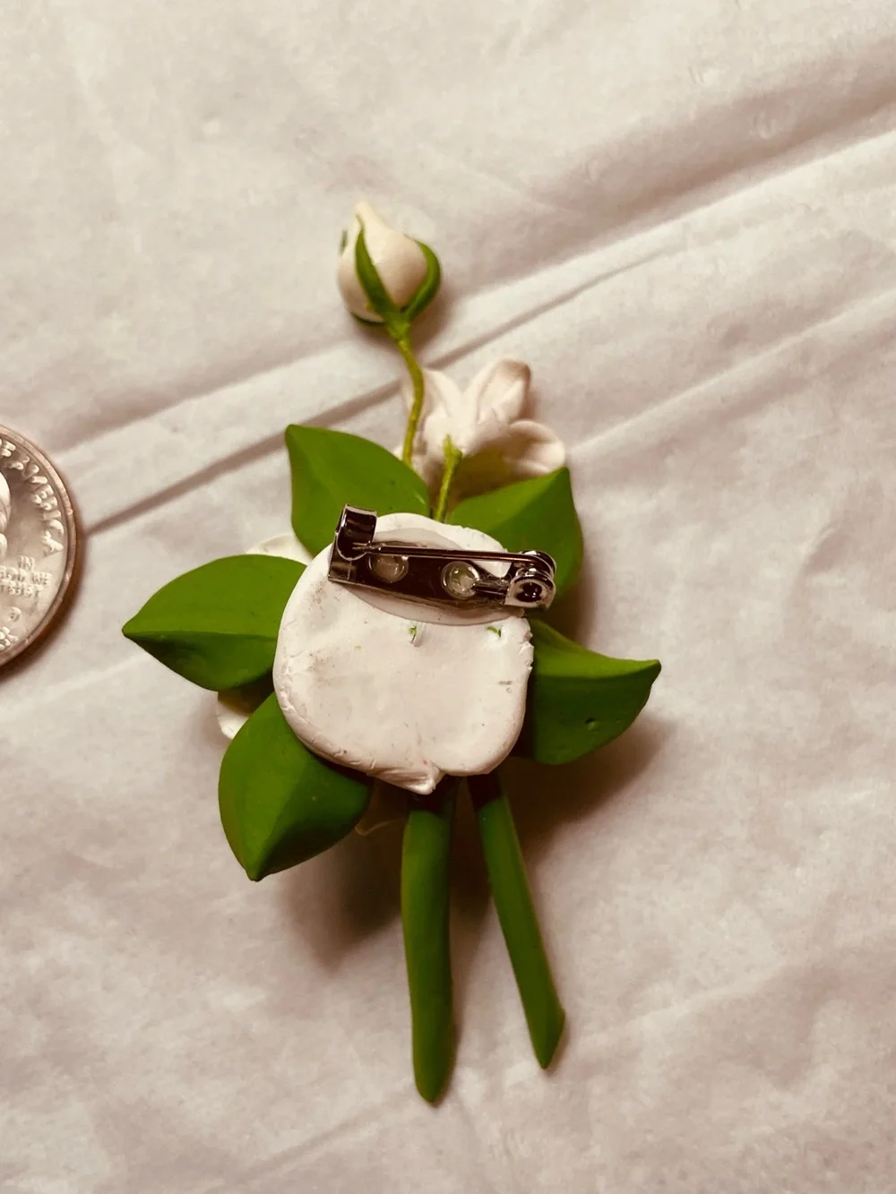 White Gardenia Floral Brooch with Green Leaves